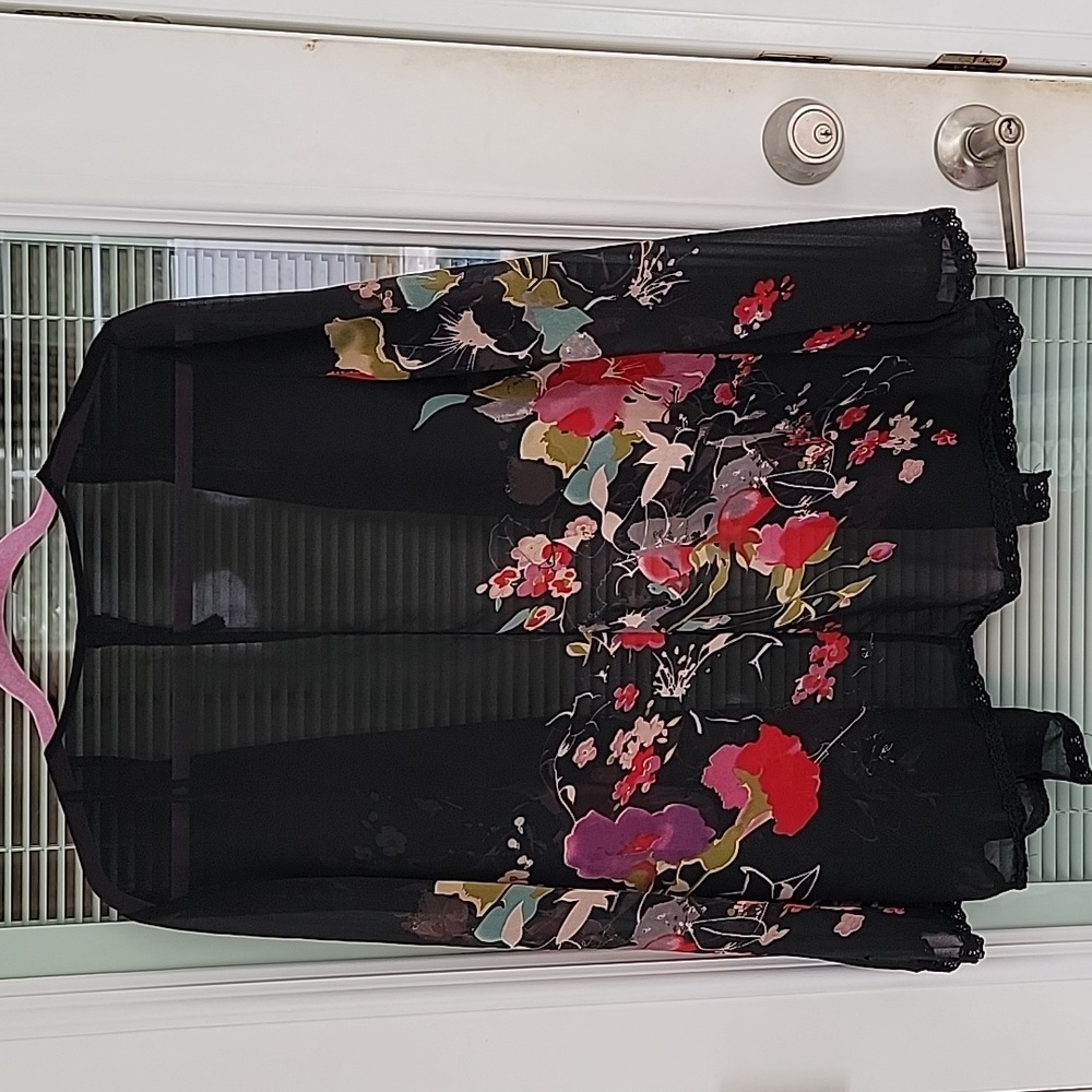 Jessica Simpson Lace Trim Black Floral Sheer Short Kimono Sz M/L - Picture 6 of 9
